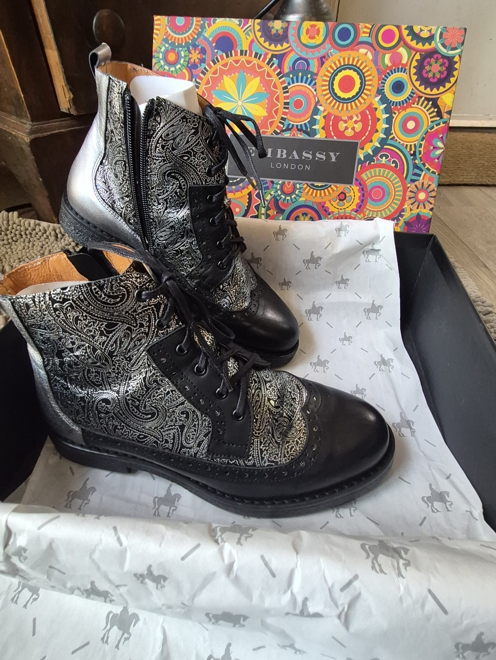 Embassy London Hatter Women's Ankle Boots, Silver And Black W/Paisley Print